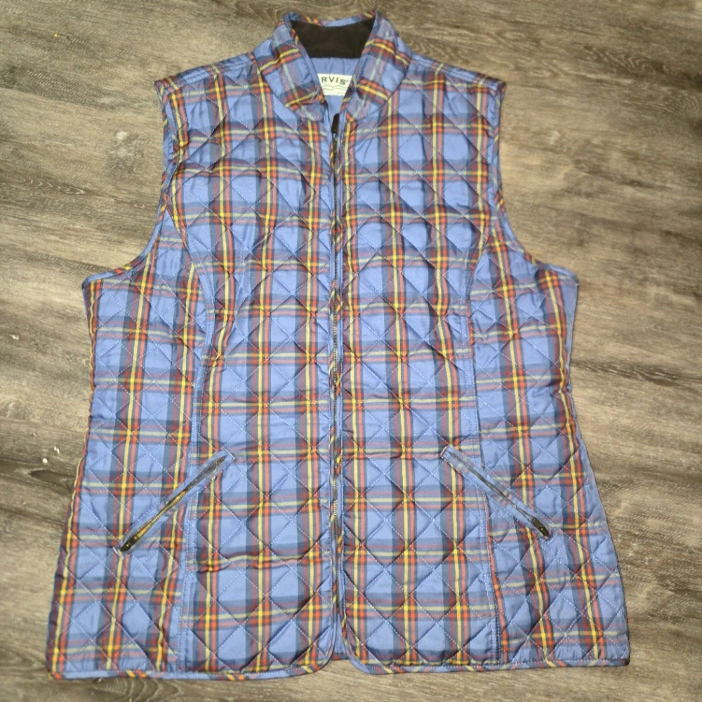 ORVIS Sunderland Vest Blue Quilted Plaid Zip Pockets‎ Dog Walking Hiking …
